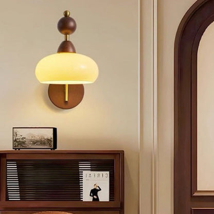 Round Glass Ash Wood Hardware 1-Light Wall Sconce Lamp