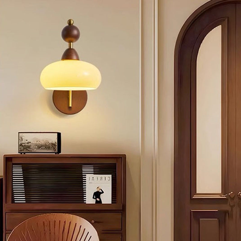 Round Glass Ash Wood Hardware 1-Light Wall Sconce Lamp