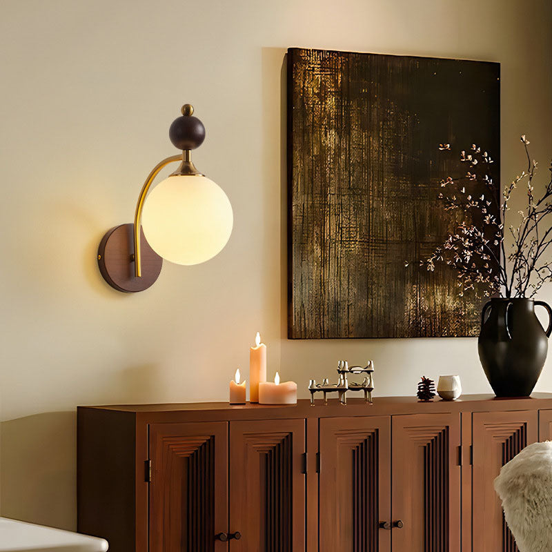 Round Glass Ash Wood Hardware 1-Light Wall Sconce Lamp