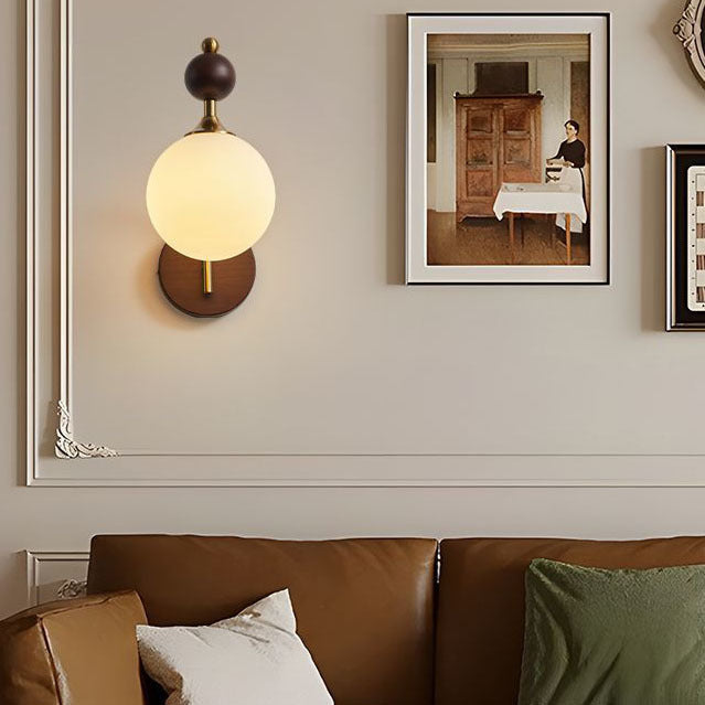 Round Glass Ash Wood Hardware 1-Light Wall Sconce Lamp