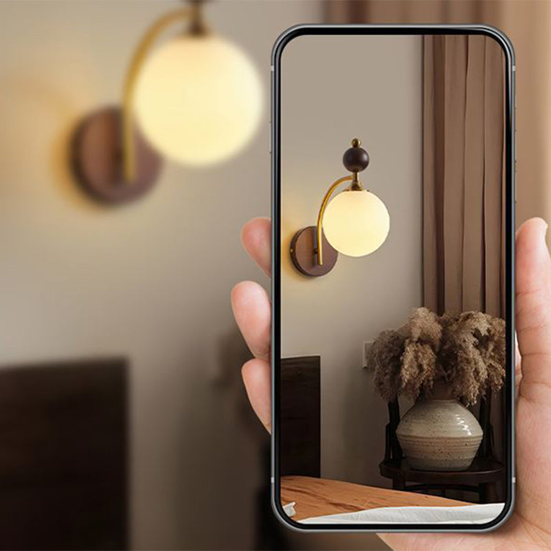 Round Glass Ash Wood Hardware 1-Light Wall Sconce Lamp