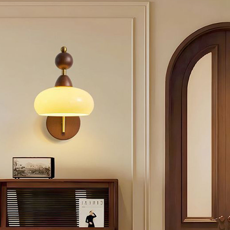 Round Glass Ash Wood Hardware 1-Light Wall Sconce Lamp