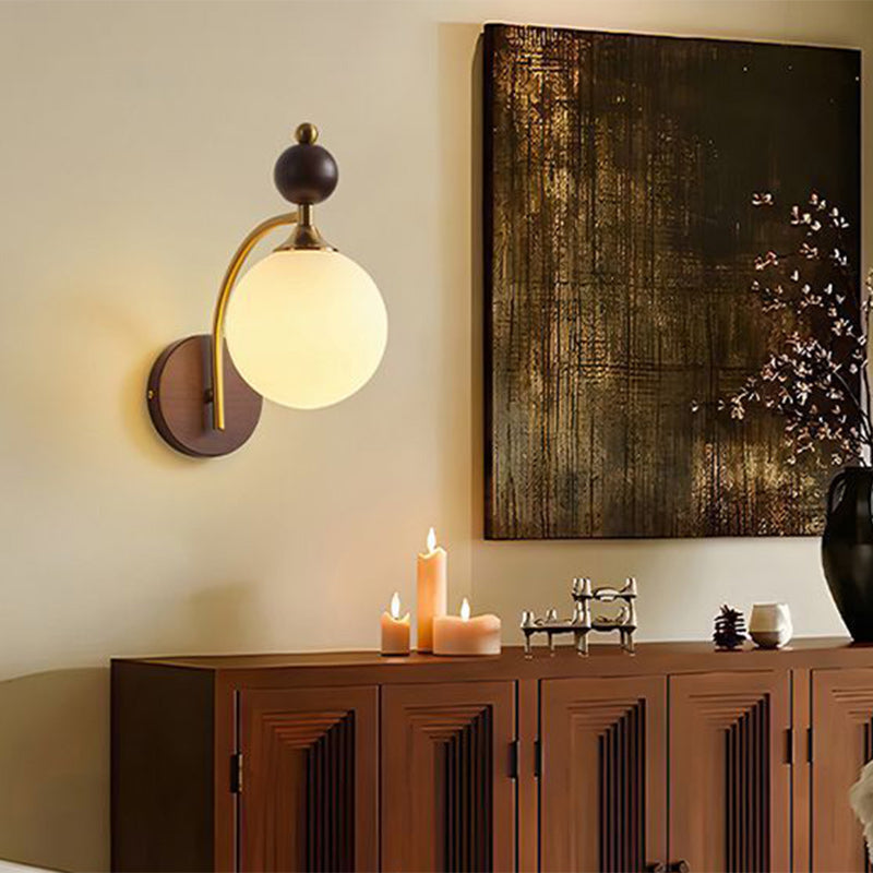 Round Glass Ash Wood Hardware 1-Light Wall Sconce Lamp