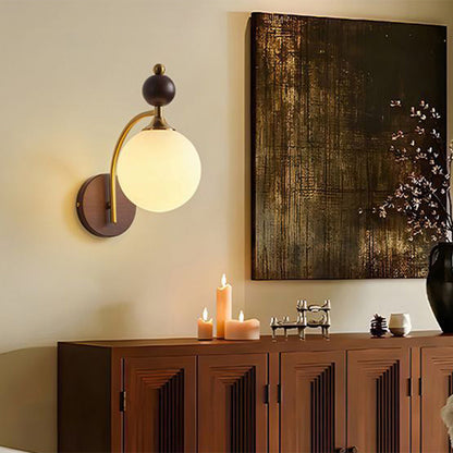 Round Glass Ash Wood Hardware 1-Light Wall Sconce Lamp