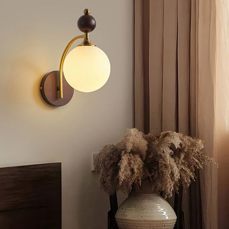 Round Glass Ash Wood Hardware 1-Light Wall Sconce Lamp