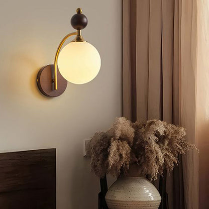 Round Glass Ash Wood Hardware 1-Light Wall Sconce Lamp