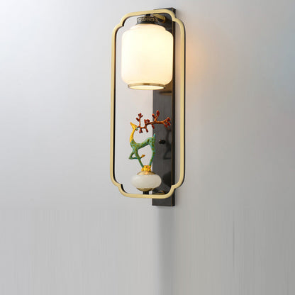 Chinese Cylinder Deer Plum Peacock 1-Light Wall Sconce Lamp