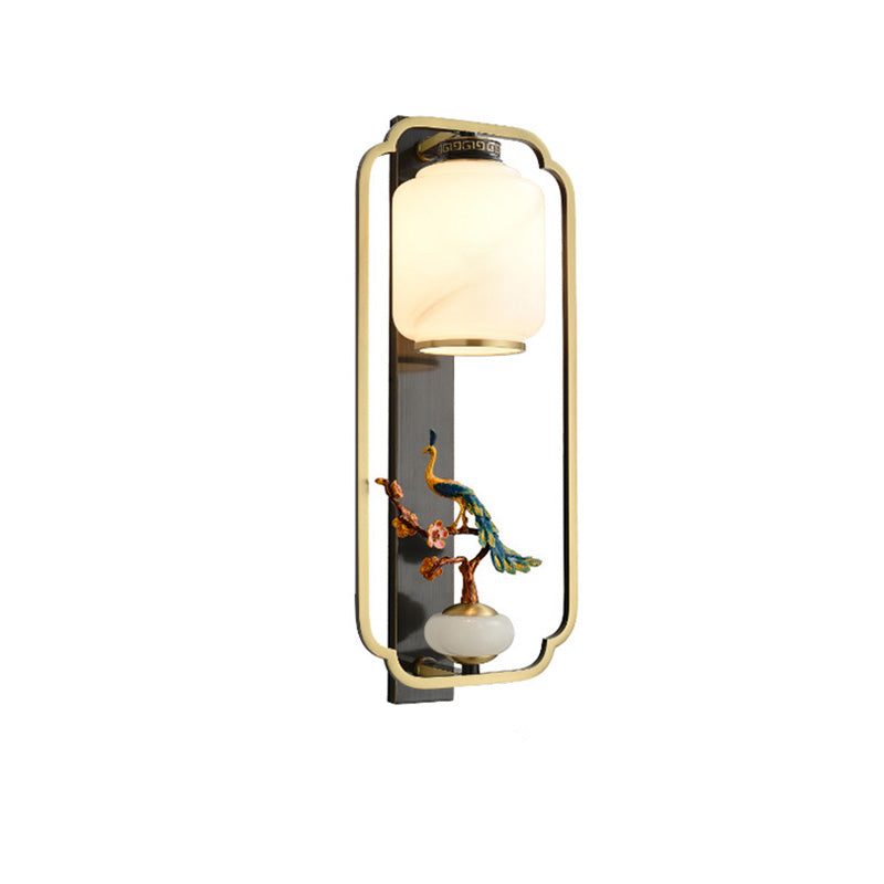 Chinese Cylinder Deer Plum Peacock 1-Light Wall Sconce Lamp