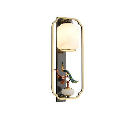 Chinese Cylinder Deer Plum Peacock 1-Light Wall Sconce Lamp