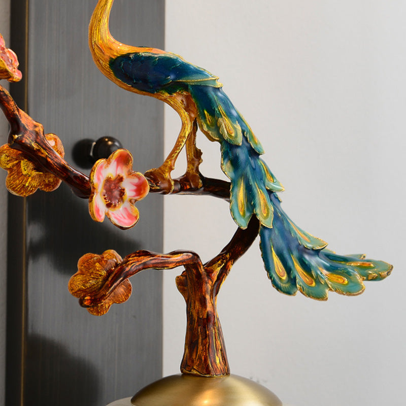 Chinese Cylinder Deer Plum Peacock 1-Light Wall Sconce Lamp
