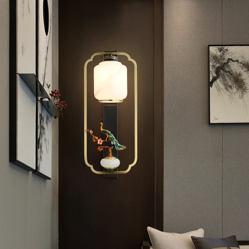Chinese Cylinder Deer Plum Peacock 1-Light Wall Sconce Lamp