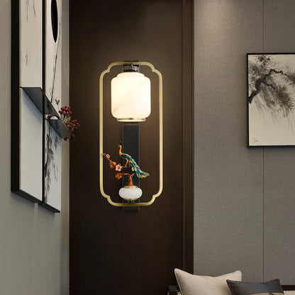Chinese Cylinder Deer Plum Peacock 1-Light Wall Sconce Lamp