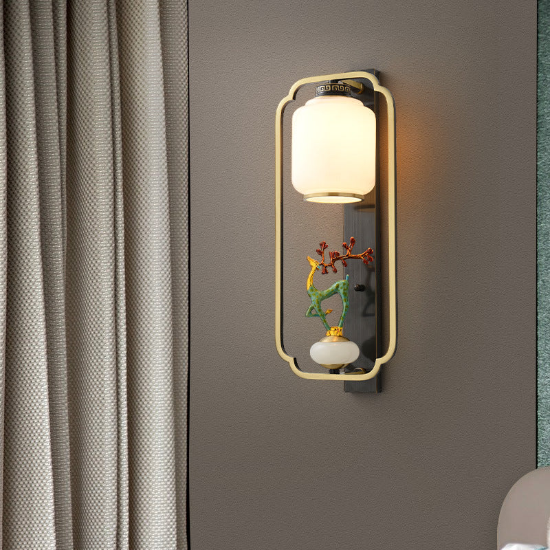 Chinese Cylinder Deer Plum Peacock 1-Light Wall Sconce Lamp