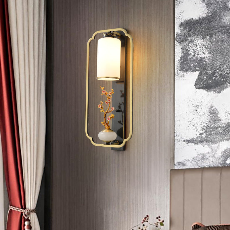 Chinese Cylinder Deer Plum Peacock 1-Light Wall Sconce Lamp