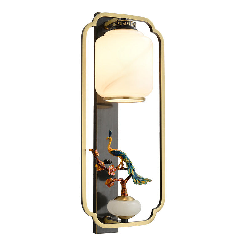Chinese Cylinder Deer Plum Peacock 1-Light Wall Sconce Lamp