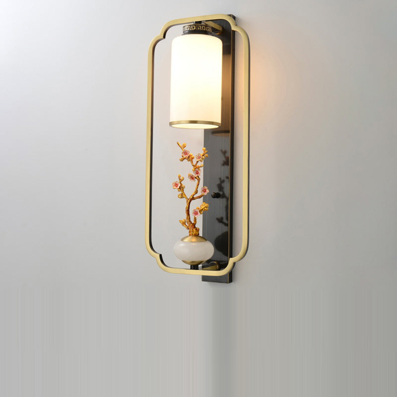 Chinese Cylinder Deer Plum Peacock 1-Light Wall Sconce Lamp
