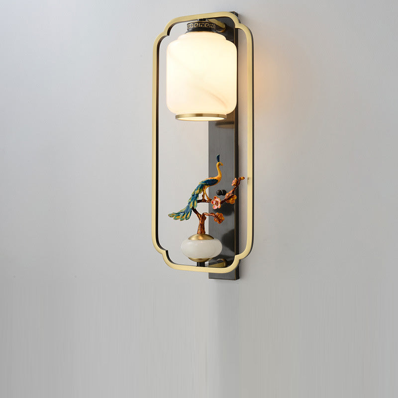 Chinese Cylinder Deer Plum Peacock 1-Light Wall Sconce Lamp