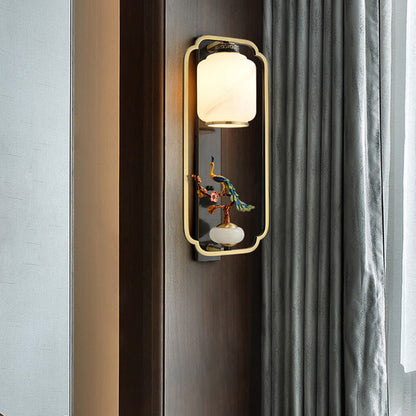 Chinese Cylinder Deer Plum Peacock 1-Light Wall Sconce Lamp