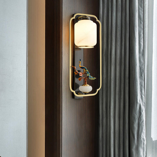 Chinese Cylinder Deer Plum Peacock 1-Light Wall Sconce Lamp