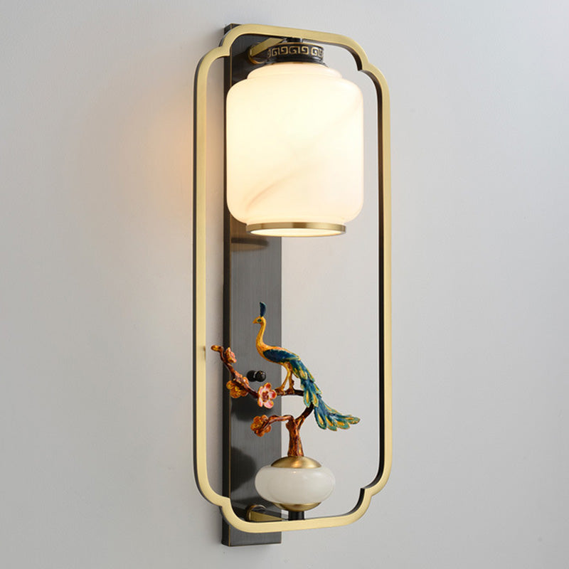 Chinese Cylinder Deer Plum Peacock 1-Light Wall Sconce Lamp
