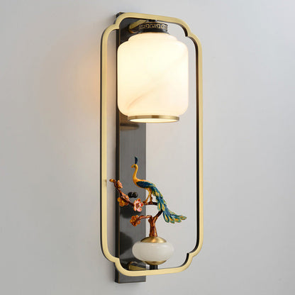 Chinese Cylinder Deer Plum Peacock 1-Light Wall Sconce Lamp