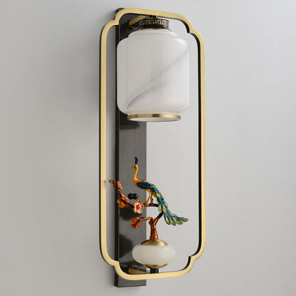 Chinese Cylinder Deer Plum Peacock 1-Light Wall Sconce Lamp