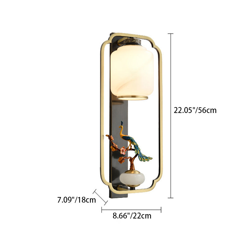 Chinese Cylinder Deer Plum Peacock 1-Light Wall Sconce Lamp