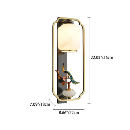 Chinese Cylinder Deer Plum Peacock 1-Light Wall Sconce Lamp