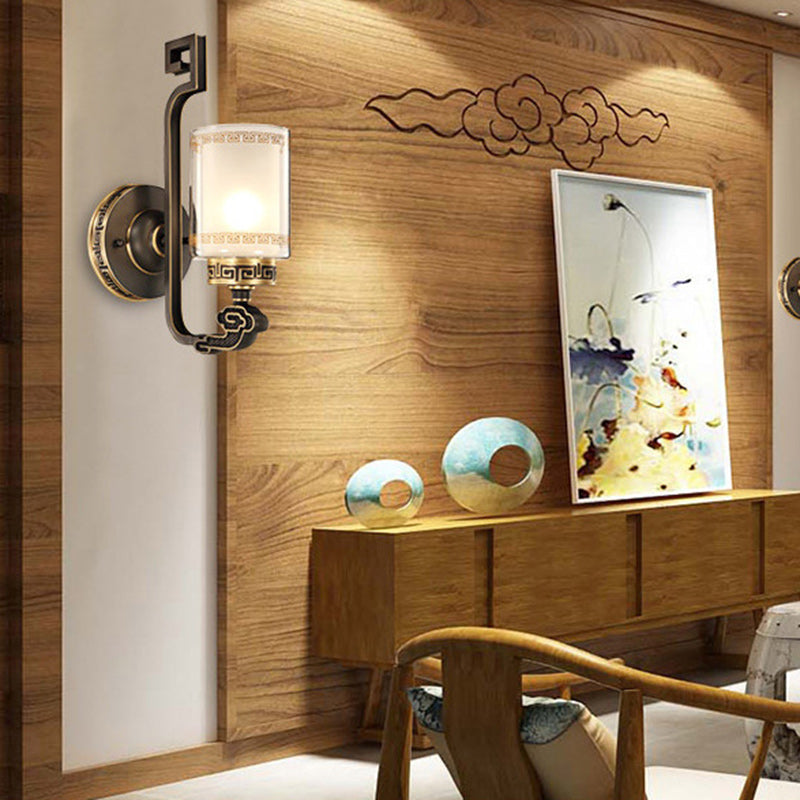 Chinese Cylinder Auspicious Cloud 1-Light Wall Sconce Lamp