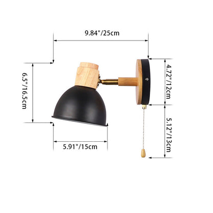 Nordic Iron Wood Round Bowl Zipper 1-Light Wall Sconce Lamp
