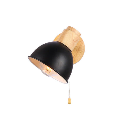 Nordic Iron Wood Round Bowl Zipper 1-Light Wall Sconce Lamp