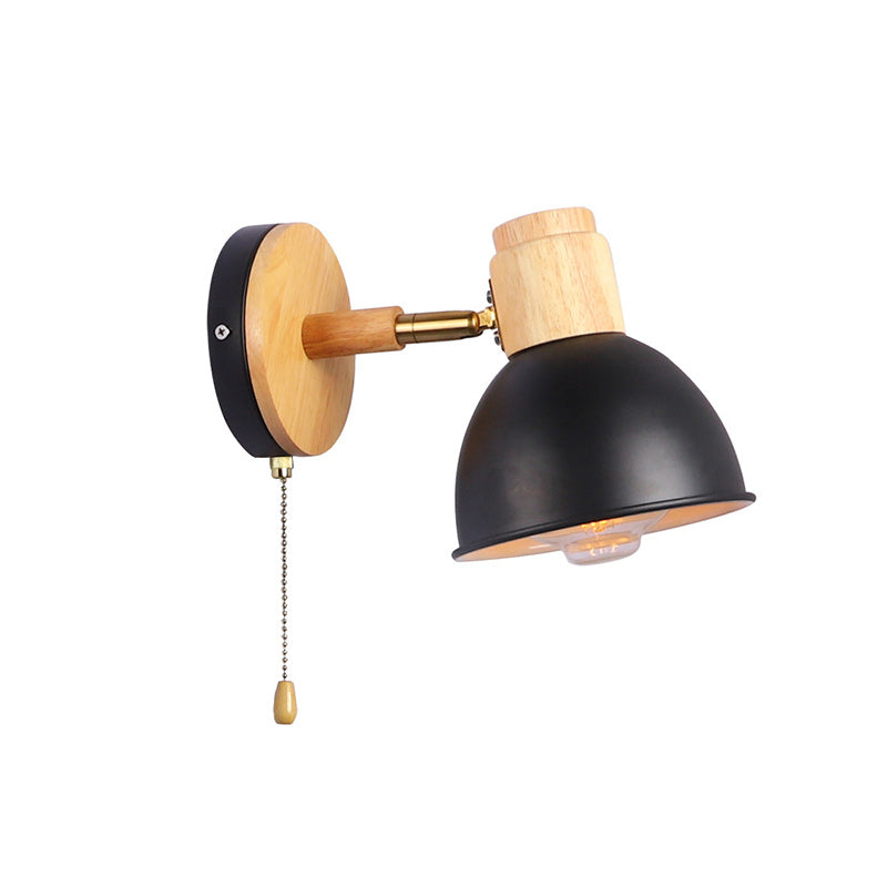 Nordic Iron Wood Round Bowl Zipper 1-Light Wall Sconce Lamp