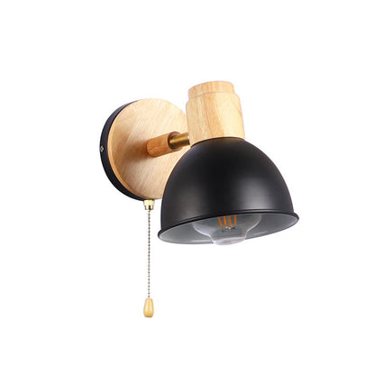 Nordic Iron Wood Round Bowl Zipper 1-Light Wall Sconce Lamp