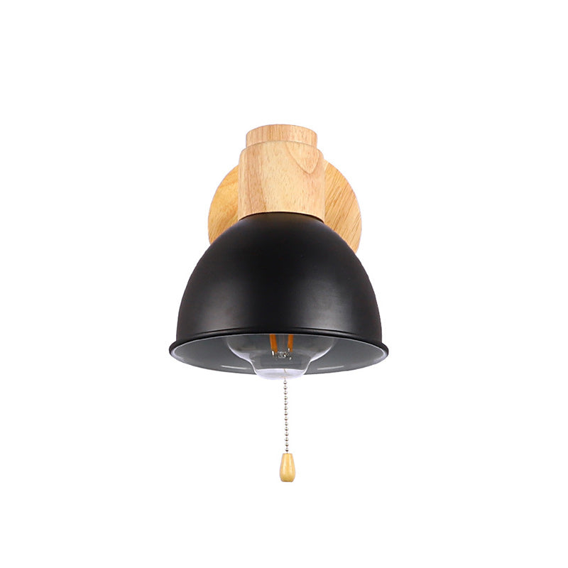 Nordic Iron Wood Round Bowl Zipper 1-Light Wall Sconce Lamp