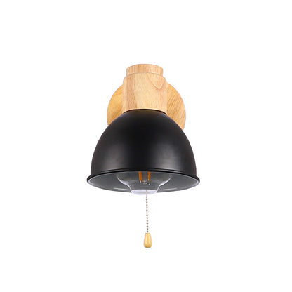 Nordic Iron Wood Round Bowl Zipper 1-Light Wall Sconce Lamp
