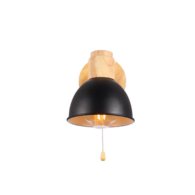 Nordic Iron Wood Round Bowl Zipper 1-Light Wall Sconce Lamp