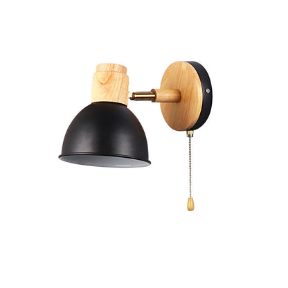 Nordic Iron Wood Round Bowl Zipper 1-Light Wall Sconce Lamp