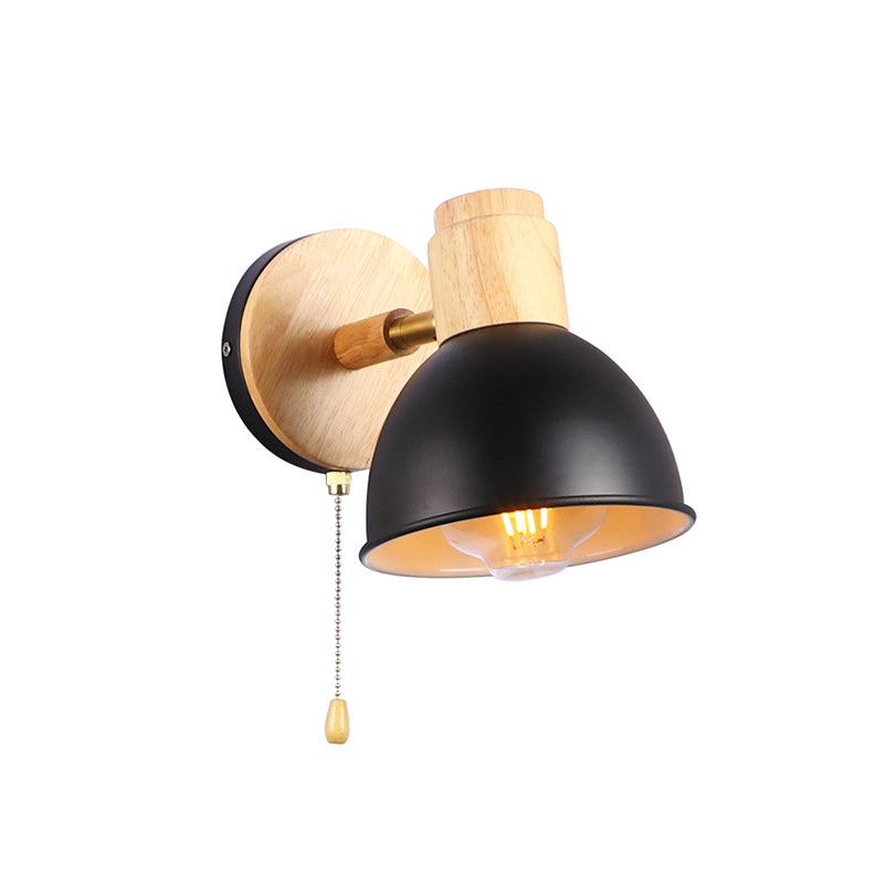 Nordic Iron Wood Round Bowl Zipper 1-Light Wall Sconce Lamp