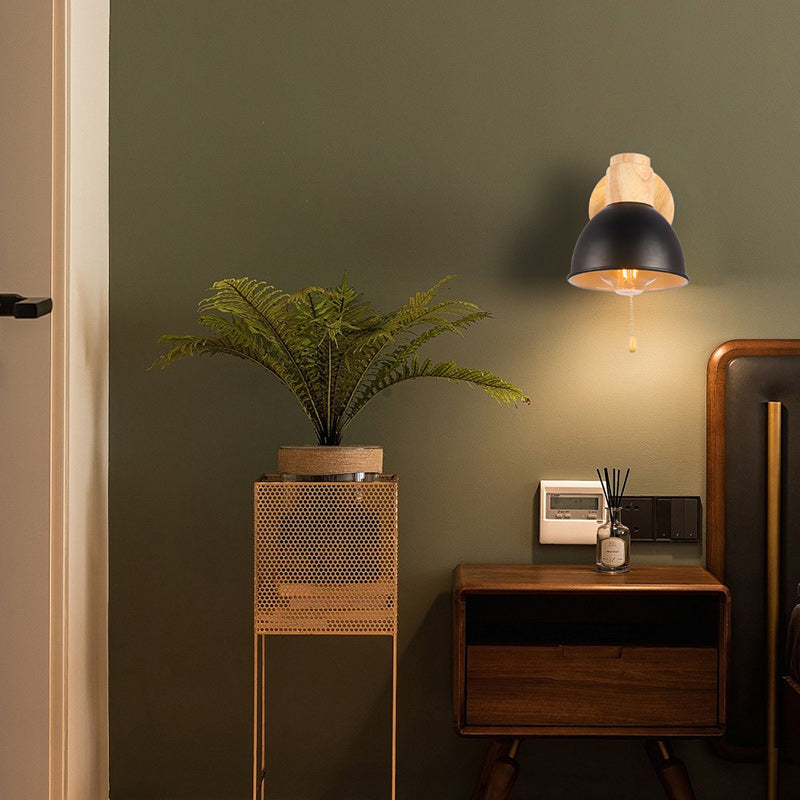 Nordic Iron Wood Round Bowl Zipper 1-Light Wall Sconce Lamp