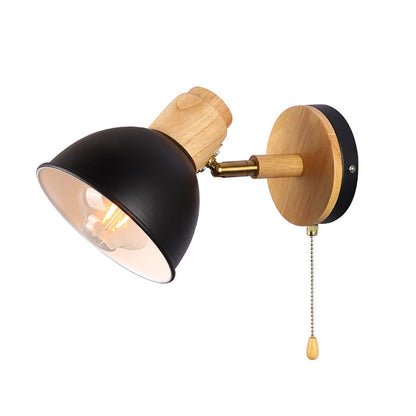 Nordic Iron Wood Round Bowl Zipper 1-Light Wall Sconce Lamp