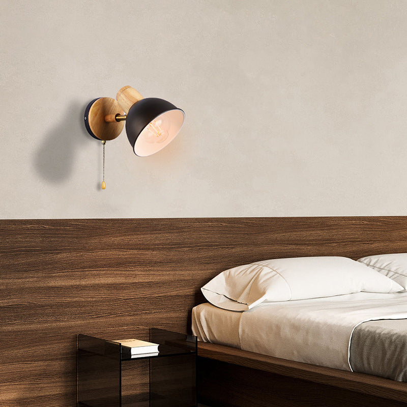 Nordic Iron Wood Round Bowl Zipper 1-Light Wall Sconce Lamp