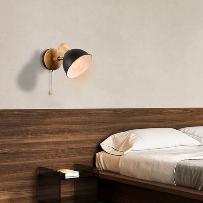 Nordic Iron Wood Round Bowl Zipper 1-Light Wall Sconce Lamp