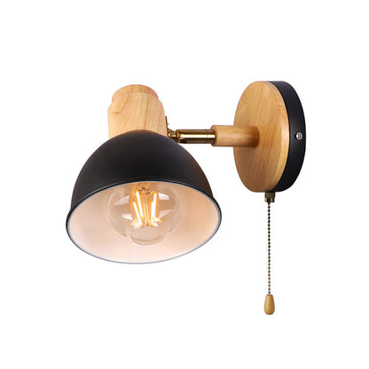 Nordic Iron Wood Round Bowl Zipper 1-Light Wall Sconce Lamp