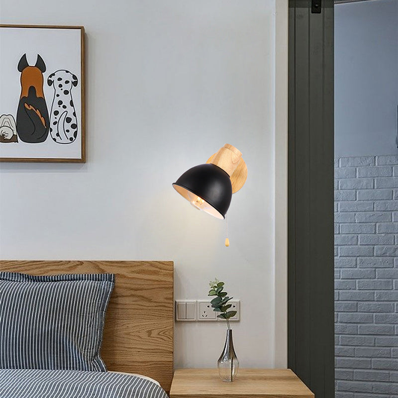 Nordic Iron Wood Round Bowl Zipper 1-Light Wall Sconce Lamp