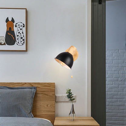 Nordic Iron Wood Round Bowl Zipper 1-Light Wall Sconce Lamp