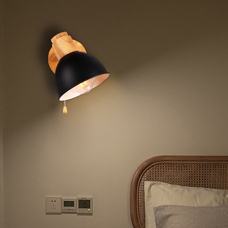 Nordic Iron Wood Round Bowl Zipper 1-Light Wall Sconce Lamp