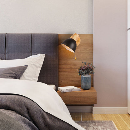 Nordic Iron Wood Round Bowl Zipper 1-Light Wall Sconce Lamp