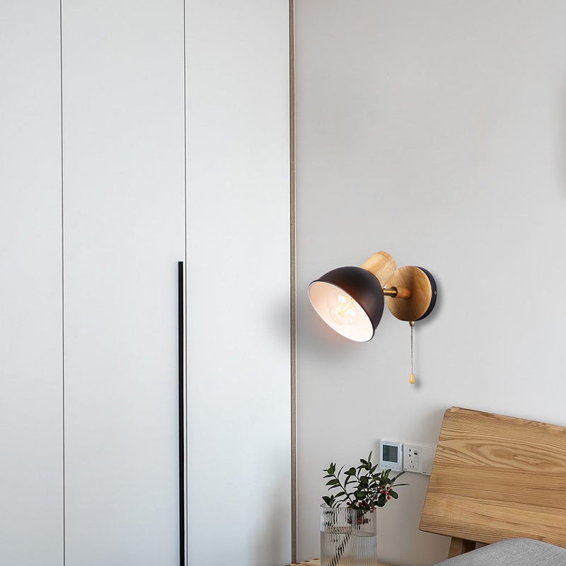 Nordic Iron Wood Round Bowl Zipper 1-Light Wall Sconce Lamp