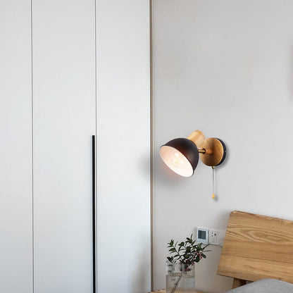 Nordic Iron Wood Round Bowl Zipper 1-Light Wall Sconce Lamp