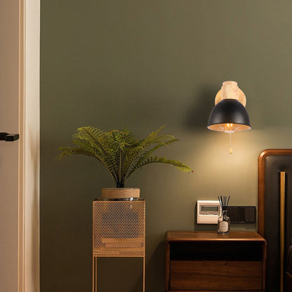 Nordic Iron Wood Round Bowl Zipper 1-Light Wall Sconce Lamp